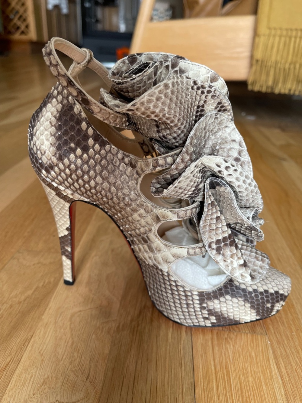 Christian Louboutin Snake-Print Ruffle Ankle Heels in Beige and Brown - Picture 7 of 14